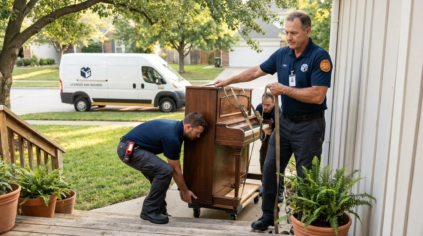 Licensed piano movers securing grand piano in Hampton Falls, NH