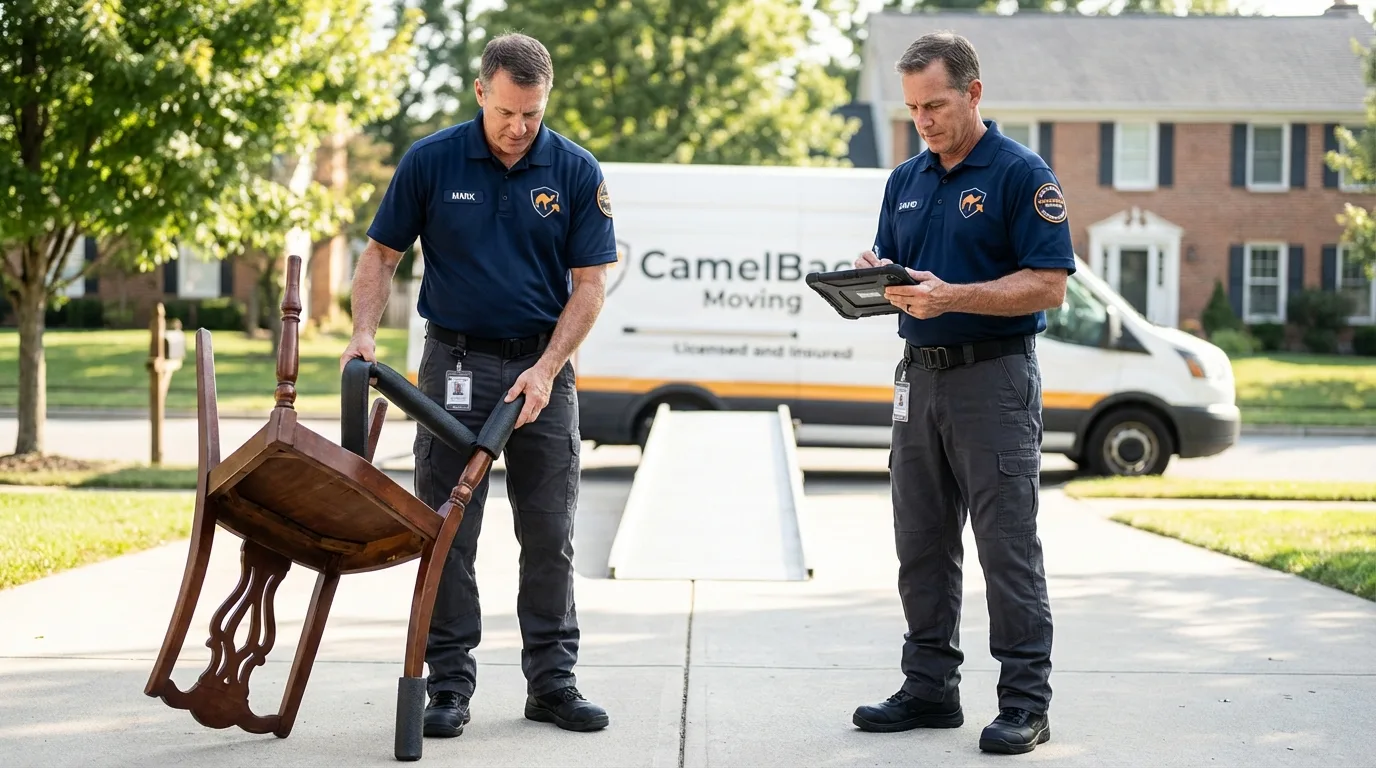 Movers inspecting furniture for damage prevention before loading in Hampton Falls, NH